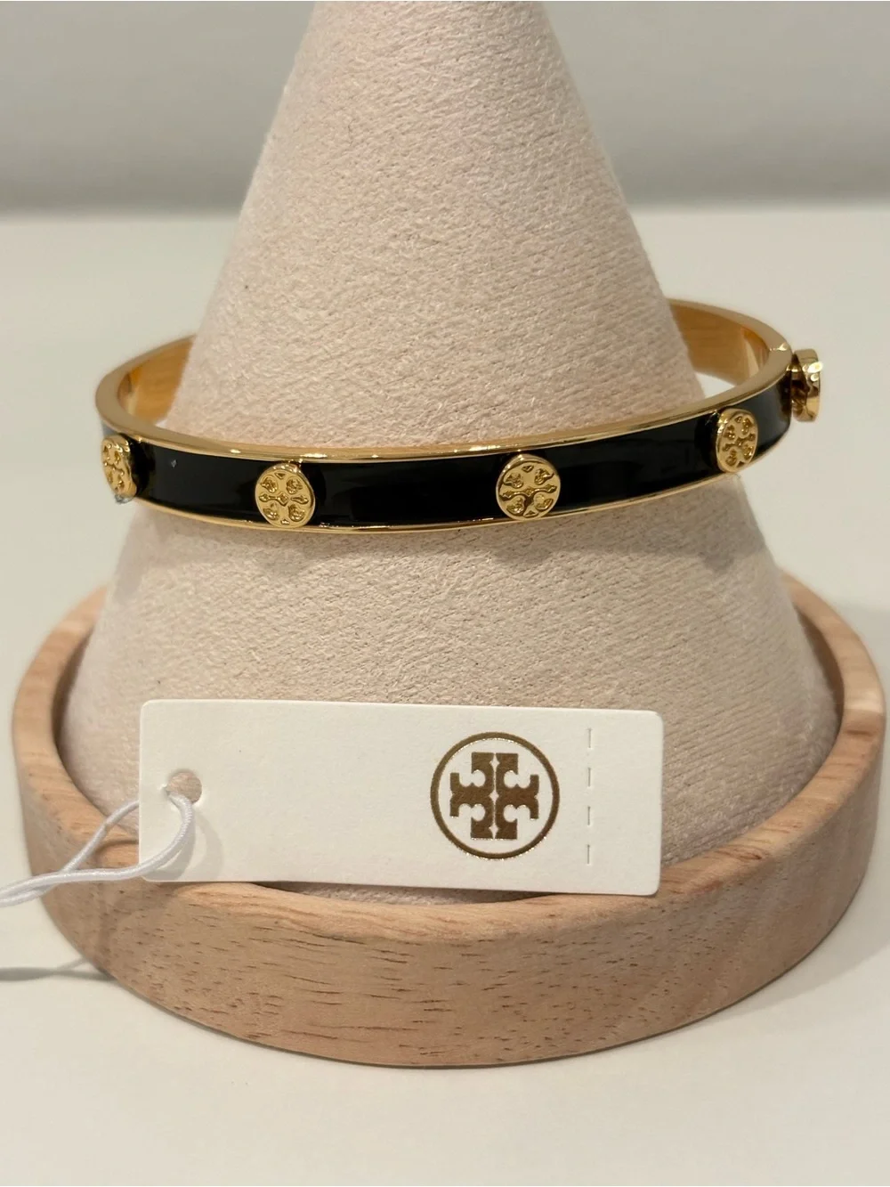 Tory Burch Black Enamel Bangle with Gold Logo Discs